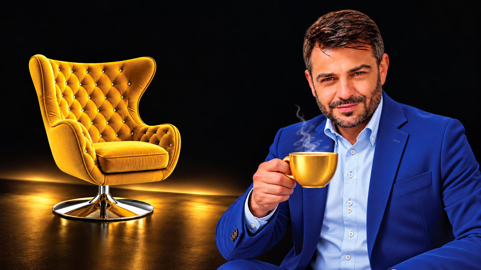 Noro Mészároš so šálkou kávy vedľa zlatožltého kresla – Bratislavská káva